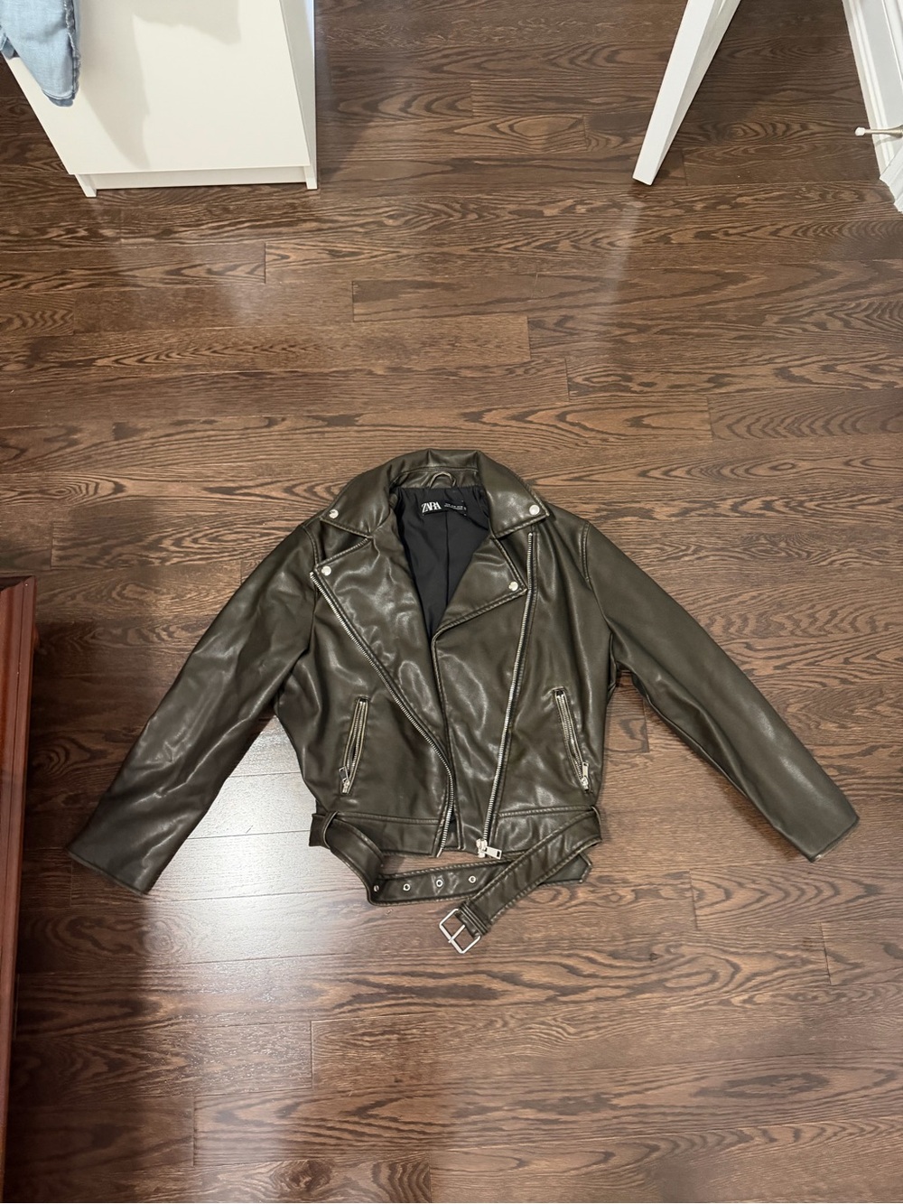 Zara Olive Leather Biker Jacket with Belt - Women's